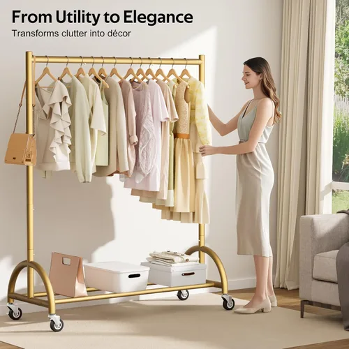 Miniatura 8 de MISSLO Perchero resistente con ruedas y estantes para colgar ropa con 3 estantes
