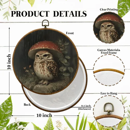 Miniatura 7 de JUIOEIU Decoración de pared redonda de búho de hongo con núcleo de cabaña, impresiones en lienzo enmarcadas con diseño de búho lluvioso oscuro