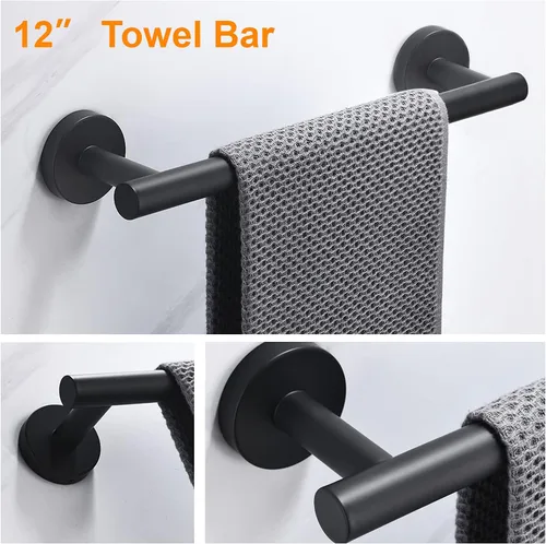 Miniatura 3 de Nolimas Juego de 3 piezas de accesorios de baño negro mate SUS304 de acero inoxidable redondo montado en la pared, incluye barra de toalla de mano 3
