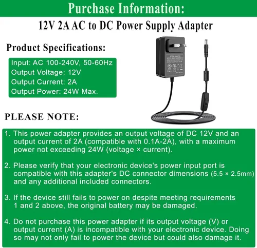 Miniatura 2 de Adaptador de fuente de alimentación de 12 V 2 A con interruptor de encendido/apagado, cable de alimentación de 12 voltios y 2 A. AC 100-240V