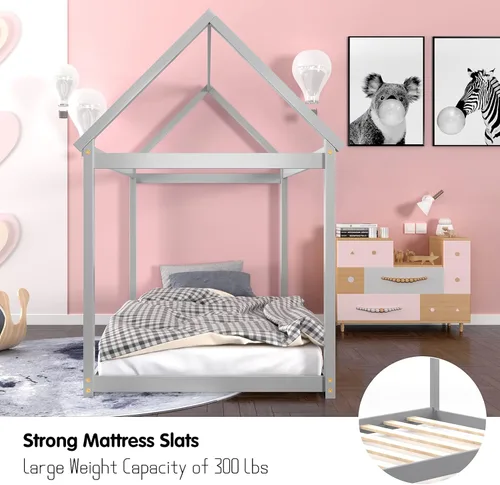 Miniatura 5 de Costzon Base de cama individual de madera, plataforma estable para niños, con techo y listones de alta resistencia, no necesita somier, bricolaje