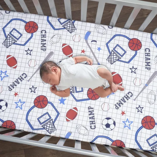 Miniatura 2 de Lambs & Ivy - Sábana bajera ajustable para cuna de bebé con temática de deportes, 100% algodón - Fútbol/Baloncesto Deportes para bebés