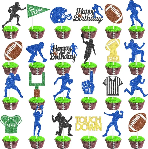 Miniatura 9 de 24 decoraciones de fiesta de fútbol con purpurina para cupcakes, decoración de fiesta de cumpleaños, decoración de pastel de rugby para jugadores