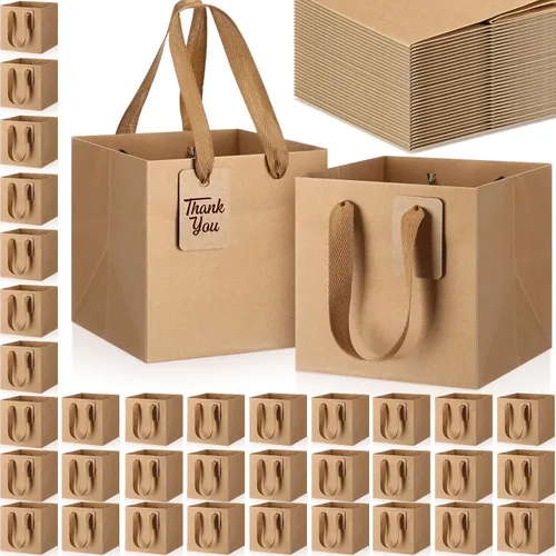 Miniatura 9 de Windyun 25 mini bolsas de regalo de papel con asa de 6 x 6 x 6 pulgadas, pequeñas bolsas cuadradas con etiqueta de agradecimiento para Navidad