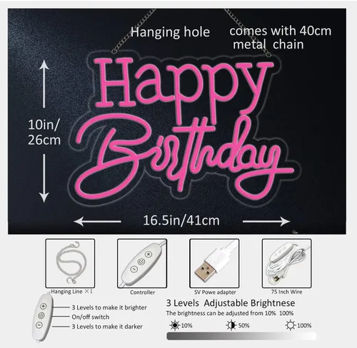 Miniatura 4 de Letrero de neón LED rosa de feliz cumpleaños, luz nocturna para decoración de pared, fiesta, dormitorio, habitación, bar, boda, hogar, cumpleaños