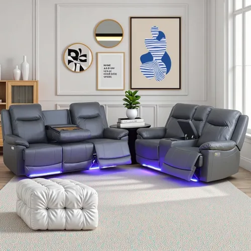 Miniatura 11 de Air Leather - Juego de sofá reclinable eléctrico con LED, juegos de muebles de sala de estar, juego de sofá reclinable eléctrico con puertos USB