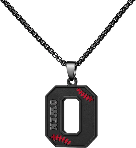 Miniatura 25 de Ldurian Collar personalizado con nombre de béisbol, cadena negra de acero inoxidable, collar con nombre deportivo, letra A-Z de 24 pulgadas, regalos