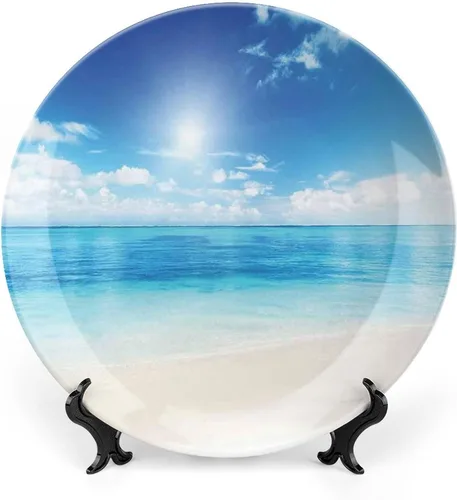 Miniatura 8 de XISUNYA Plato decorativo de porcelana de 6 pulgadas, plato de porcelana oceánica, superficie ondulada con fondo de grava, estampado de paisaje Azul