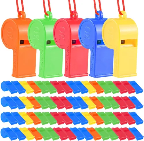 WSYUB 72 silbatos de plástico, silbatos a granel, silbatos deportivos de entrenamiento con cordón, silbatos fuertes para niños, fiesta de