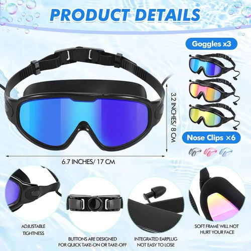 Miniatura 2 de Konohan Paquete de 3 gafas de natación para adultos, gafas anchas sin fugas, antiniebla, con clips para la nariz, tapones para los oídos