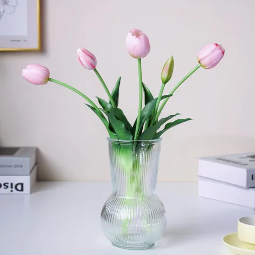 Tulipanes de tacto real de 16 pulgadas Premium, flores artificiales con capullos, tallo flexible fácil de moldear, tulipanes de imitación (jarrón no