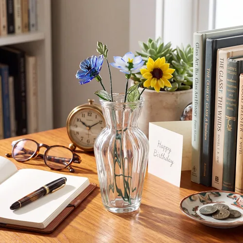 Miniatura 11 de HunnmingRe 5 piezas de flores de vidrio con jarrón, decoración de flores de mes de nacimiento de mayo, ramo de flores de cumpleaños de vidrio