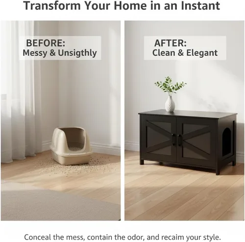 Miniatura 3 de Caja de arena para gatos Homhedy, mueble de baño de madera para gatos con puerta de granero, casa para mascotas, se adapta a la mayoría de las cajas