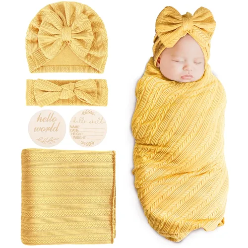 Miniatura 17 de DRESHOW BQUBO Mantas envolventes para bebés niñas, juego de 4 accesorios para recién nacidos con gorro a juego y cinta con moño con tarjeta de 1