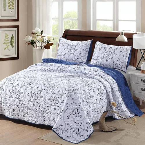Miniatura 54 de Juego de edredón azul floral con patrón de bordado 3D de 2 piezas, 100% algodón, reversible, acolchado bordado decorativo, cubrecamas, juego