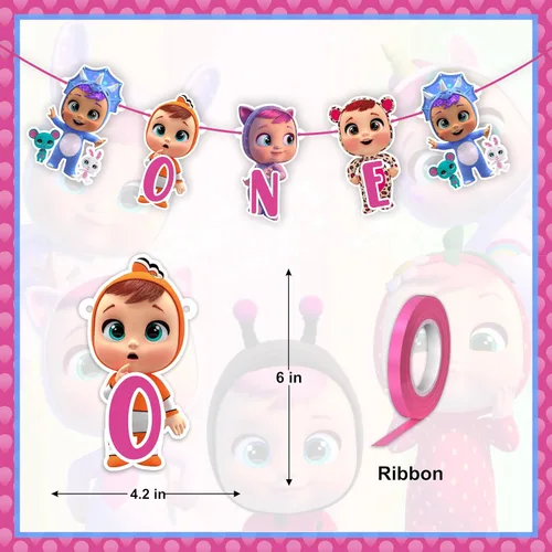 Miniatura 2 de Cartel de Cry Babes One – Lindo cartel de decoración de cumpleaños número uno estilo de dibujos animados para configuración de fiesta en interiores