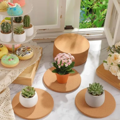 Miniatura 6 de Boao 6 posavasos redondos absorbentes de corcho de 4 pulgadas, posavasos de madera para plantas, para el hogar, mesa de café, comedor, mesa de madera