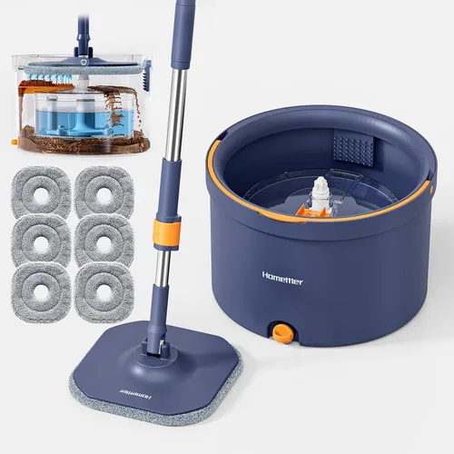 Miniatura 10 de HoMettler Juego de trapeador giratorio y cubo, cubo de fregona con sistema de agua sucia separado, mopas de limpieza profunda para suelos/paredes