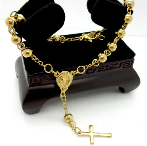 Miniatura 4 de Blowin Rosario de acero inoxidable pulsera de cruz de oración católica ajustable, oro