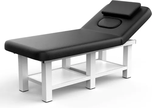 Miniatura 10 de Mesa de masaje estacionaria ancha negra con respaldo para mesa de tratamiento, mesa de terapia física, cama facial de spa, marco de metal, piel Negro
