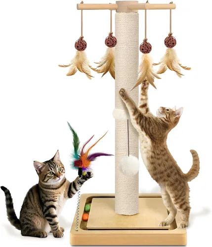 Miniatura 11 de PAROTO Rascador para gatos, rascador de torre de sisal para gatos de interior y adultos con juguetes interactivos, pista de doble bola, 2 métodos