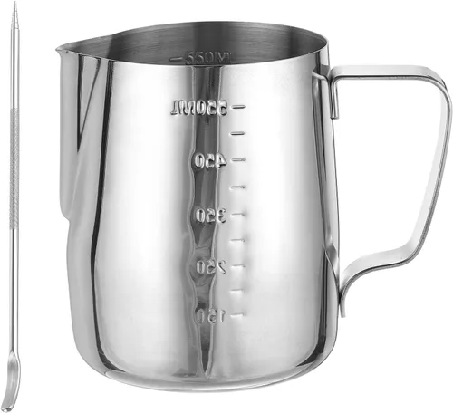 uxcell Jarra de espuma de leche con líneas de escala, jarra de vapor de café de acero inoxidable de 20 oz/20.3 fl oz, accesorios para máquina de