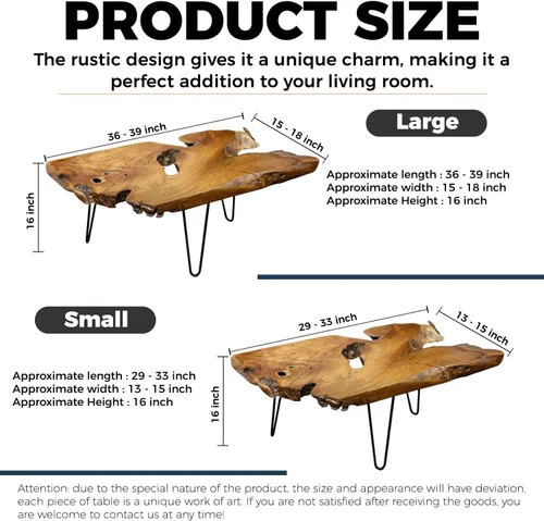 Miniatura 2 de Mesa de centro de madera natural, mesa de centro de borde vivo para sala de estar, escritorio único