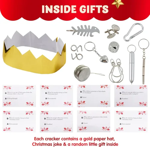 Miniatura 2 de JOYN - Paquete de 8 recuerdos de mesa de fiesta de Navidad sin broches con diseño de copo de nieve azul y blanco, con sombrero de fiesta, broma