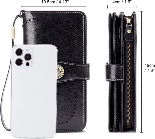Miniatura 3 de INSIFEEL Carteras para mujer de gran capacidad con protección RFID monedero de cuero genuino Negro Retro