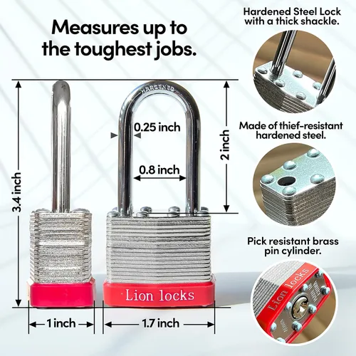 Miniatura 2 de Lion Locks 4 Candados de Llave Igual con Grillete Largo de 2", 8 Llaves, Candado de Acero Endurecido, Cilindro de Pines de Latón Resistente a