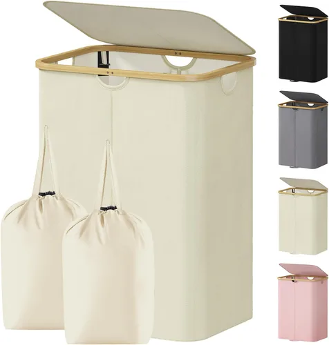Miniatura 15 de Lifewit Cesto de Ropa Sucia Doble de 120L con Tapa, Cesto Grande Dual para Ropa Sucia con Bolsas Removibles, 2 Secciones Cestos Estéticos para Ropa