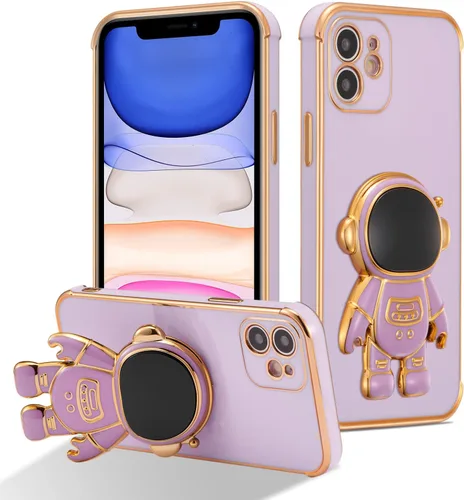 Miniatura 23 de RALEAVO Funda para iPhone 13, bonita funda de astronauta 6D con función de soporte, cubierta de enchapado de lujo, ajuste delgado, TPU suave, Púrpura
