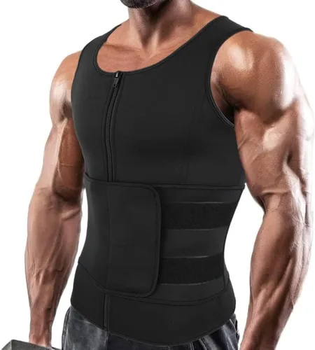 Miniatura 9 de SHAPERIN - Chaleco de neopreno para hombre, faja reductora efecto sauna, estilo camiseta sin mangas con zíper y dos cinturones