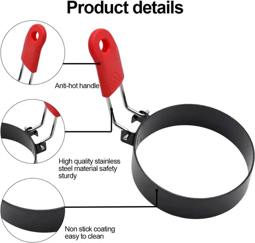 Miniatura 3 de Paquete de 4 anillos de huevo, herramienta de acero inoxidable antiadherentes para freír huevos con asas plegables y cepillo de aceite para cocinar