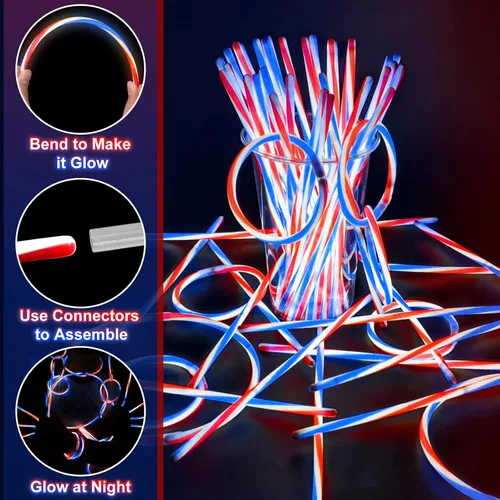 Miniatura 3 de 100 varillas luminosas para el 250 aniversario del 4 de julio a granel con conectores, rojo, blanco y azul, 3 colores en 1 que brillan
