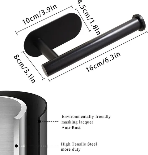 Miniatura 6 de Soporte de papel higiénico autoadhesivo, soporte de pared para baño y baño, sin perforaciones, SUS304 inoxidable, color negro mate