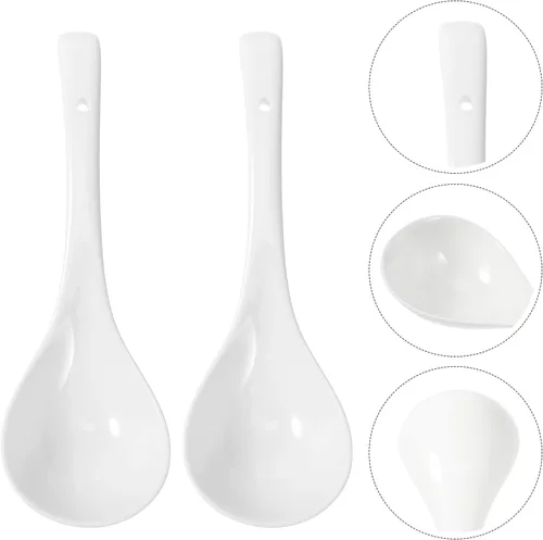 Miniatura 9 de Hemoton Paquete de 2 cucharas grandes de cerámica asiática para sopa de porcelana profunda de alta resistencia con mango largo de 10.43 pulgadas