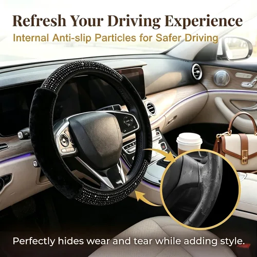 Miniatura 5 de Funda para volante con destellos para mujeres y niñas, cubierta de volante de diamantes de imitación de color negro con brillantes de piel