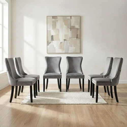 Miniatura 14 de OVENTA Juego de 4 sillas de comedor modernas tapizadas con respaldo completo, sillas de comedor de terciopelo dorado con patas de madera maciza