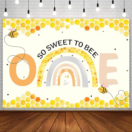 AIBIIN Telón de fondo de 7 x 5 pies para niña, decoración de fiesta de primer cumpleaños de abeja, fondo de fotografía, fondo bohemio, arco iris,