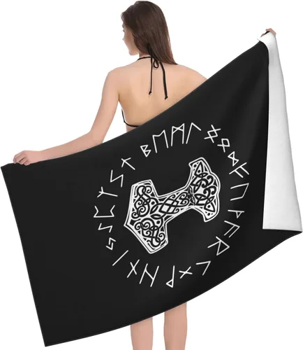 Miniatura 3 de Vikings Mjolnir and Rune Wheel - Toalla de playa absorbente con símbolo de mitología nórdica, toallas de playa de gran tamaño, súper 32 x 52 pulgadas