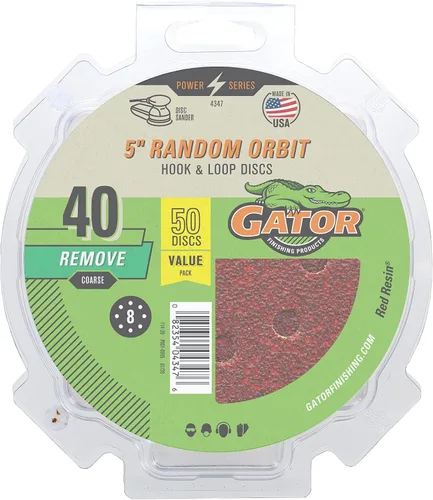Gator - Discos de lija de óxido de aluminio de resina roja de 5 pulgadas, 8 agujeros, grano 40, 50 unidades