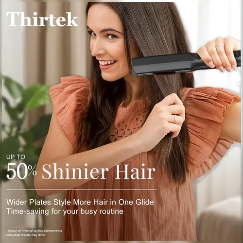 Miniatura 5 de Thirtek Plancha de pelo profesional, plancha plana de cerámica y titanio de 1.5 pulgadas, 15 niveles de temperatura ajustables, pantalla LCD, Negro