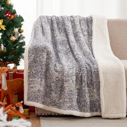 Miniatura 3 de SE SOFTEXLY Manta reversible de sherpa con 30% lana y 70% algodón, manta suave y esponjosa, manta de otoño e invierno para sofá, cama, silla