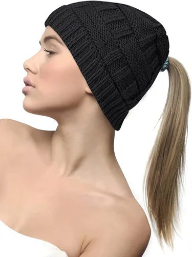 Miniatura 2 de DANMY Gorro de cola de caballo para mujer, gorro de moño con agujero para cola de caballo, gorro de punto cálido de invierno