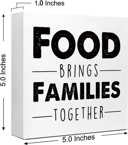 Miniatura 2 de LVQHI Letreros divertidos de caja de madera para cocina, letrero de bloque de madera con texto en inglés "Food Brings Families Together", decoración