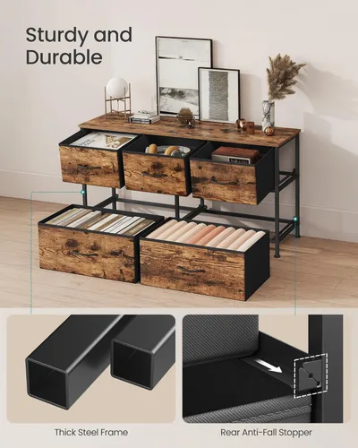 Miniatura 6 de SONGMICS Cómoda para dormitorio, cómoda, acero, MDF, 5 cajones de tela no tejida, unidad organizadora de almacenamiento, armario, entrada, marrón