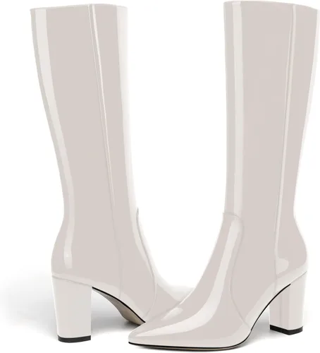 Miniatura 195 de AMBELIGHT Botas altas hasta la rodilla con cremallera y puntera puntiaguda para mujer, de patente sólida, tacón alto, 3.3 pulgadas