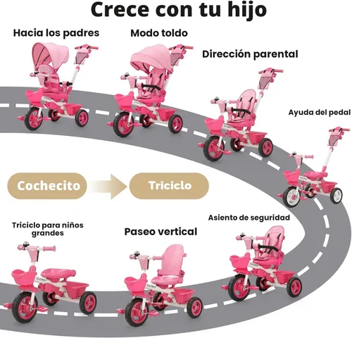 Miniatura 2 de EOOWOY Triciclo para niños pequeños con mango de empuje, triciclo cochecito 7 en 1 con asiento giratorio de 360°, respaldo reclinable, ruedas
