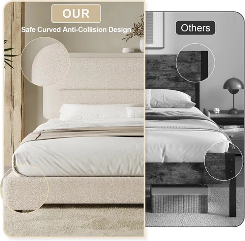 Miniatura 5 de HOMBCK - Base de cama tapizada de tejido bouclé con cabecera suave con diseño de esquinas redondeadas, listones de madera, no requiere somier, fácil